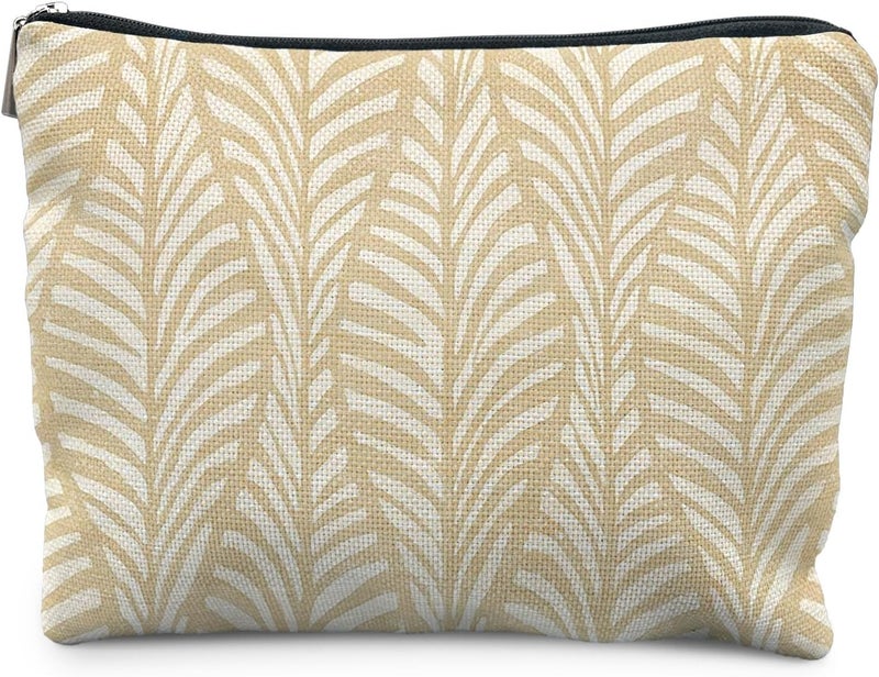 RYYCDOI Boho Beige Leaf Makeup Bag, Neutral Block Print Leaves Cosmetic Bags for Women, Minimalist Beige Botanical Zipper Makeup Pouch - Image 1